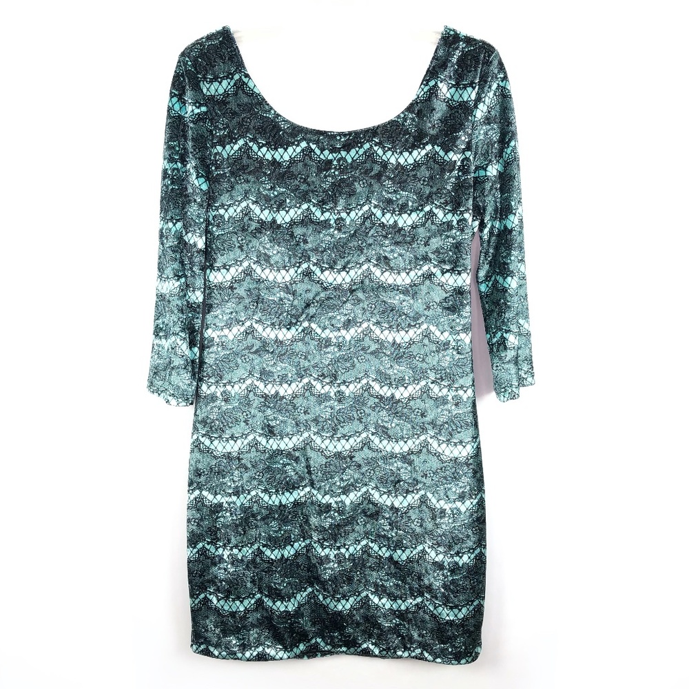 Charlotte Russe Blue Black Velvet Quarter Sleeve Open Back Short Dress Sz L